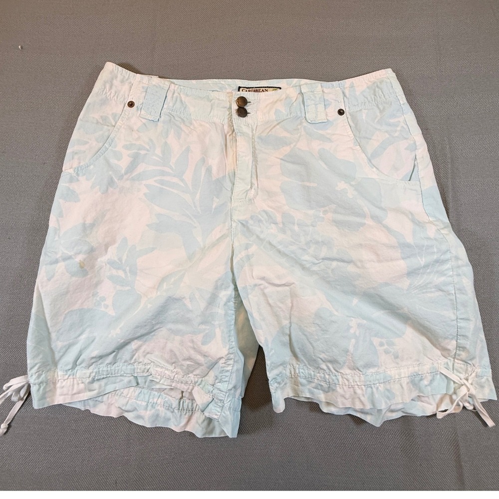 Caribbean Joe Womens Blue White Tropical Floral Cotton Cargo Shorts Size 8 2327
